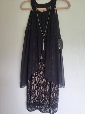 Enfocus Studio Black Lace High-Low Dress with Nude Underlay